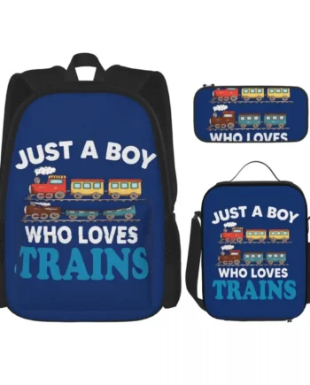 Birthday Kids Just A Boy Who Loves Trains Funny Design Kids Backpacks Bookbag School Bags Lunch Bag Pen Bag Three-Piece Set